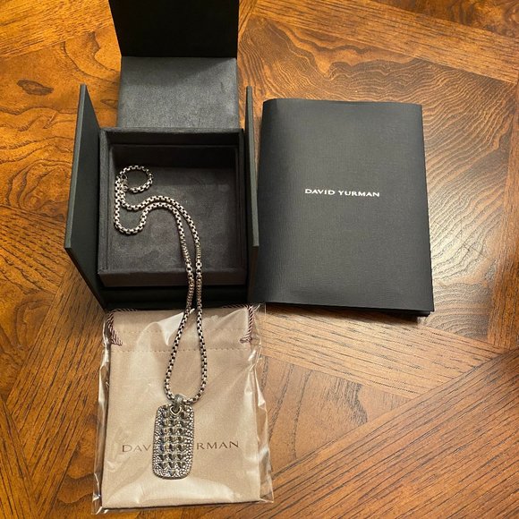 David Yurman Sterling 925 and 18K Dog Tag Pendant with Box Chain Necklace - Picture 2 of 15